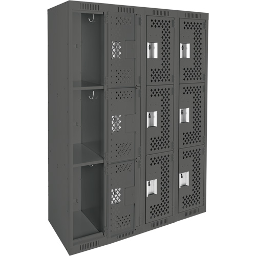 Clean Line Lockers, 3 -tier, Bank of 4, 48" x 12" x 72", Steel, Charcoal, Rivet (Assembled), Perforated Sécurité Médic