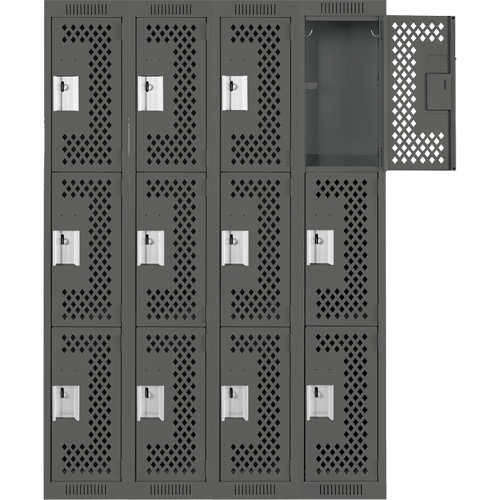 Clean Line Lockers, 3 -tier, Bank of 4, 48" x 12" x 72", Steel, Charcoal, Rivet (Assembled), Perforated Sécurité Médic