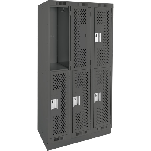 Clean Line Lockers, 2 -tier, Bank of 3, 36" x 15" x 76", Steel, Charcoal, Rivet (Assembled), Perforated Sécurité Médic