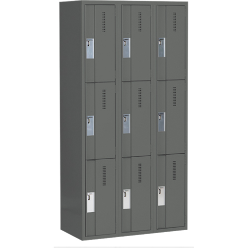 Concorde Heavy-Duty Lockers, 3 -tier, Bank of 3, 36" x 18" x 72", Steel, Charcoal, Welded (Assembled) Sécurité Médic