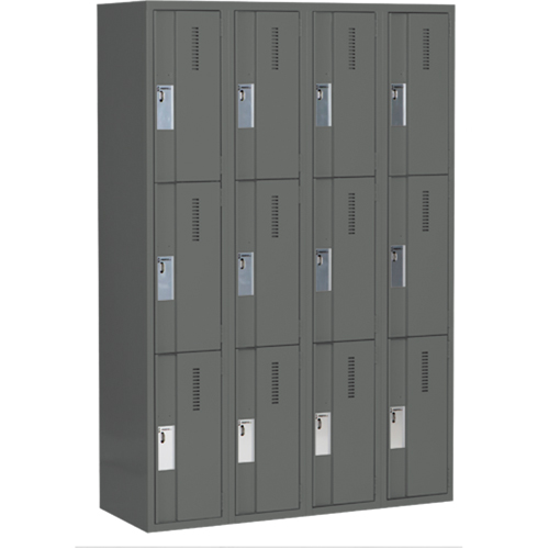 Concorde Heavy-Duty Lockers, 3 -tier, Bank of 4, 48" x 18" x 72", Steel, Charcoal, Welded (Assembled) Sécurité Médic