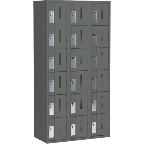 Concorde Heavy-Duty Lockers, 6 -tier, Bank of 3, 36" x 18" x 72", Steel, Charcoal, Welded (Assembled) Sécurité Médic