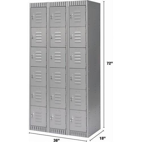 Lockers, 6 -tier, Bank of 3, 36" x 18" x 72", Steel, Grey, Knocked Down Sécurité Médic