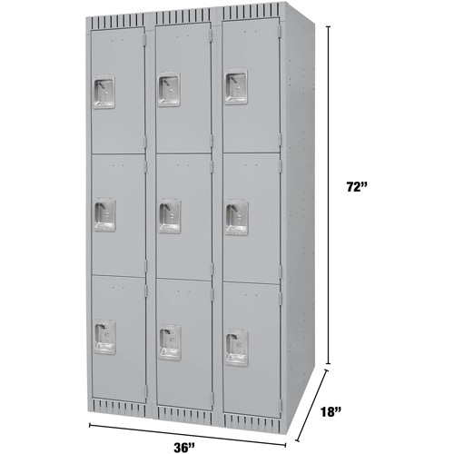 Lockers, 3 -tier, Bank of 3, 36" x 18" x 72", Steel, Grey, Knocked Down Sécurité Médic