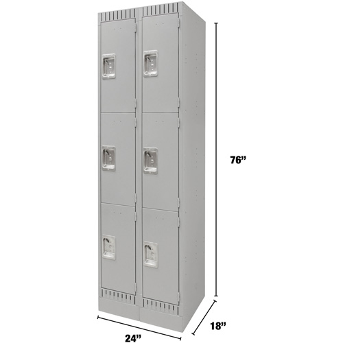 Lockers, 3 -tier, Bank of 2, 24" x 18" x 76", Steel, Grey, Knocked Down Sécurité Médic