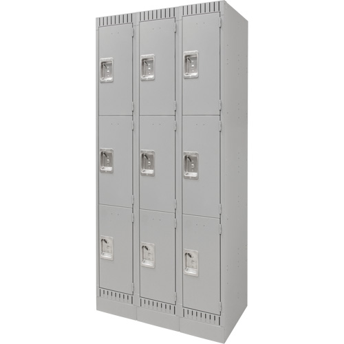 Lockers, 3 -tier, Bank of 3, 36" x 18" x 76", Steel, Grey, Knocked Down Sécurité Médic
