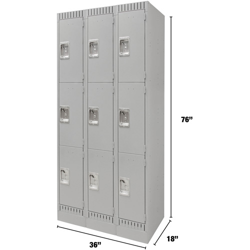 Lockers, 3 -tier, Bank of 3, 36" x 18" x 76", Steel, Grey, Knocked Down Sécurité Médic