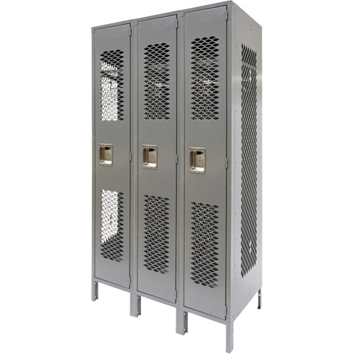 Vented Lockers, Bank of 3, 36" x 18" x 78", Steel, Grey, Knocked Down, Perforated Sécurité Médic