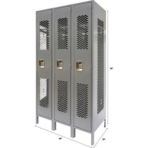 Vented Lockers, Bank of 3, 36" x 18" x 78", Steel, Grey, Knocked Down, Perforated Sécurité Médic
