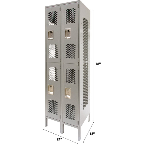 Vented Lockers, 2 -tier, Bank of 2, 24" x 18" x 78", Steel, Grey, Knocked Down, Perforated Sécurité Médic