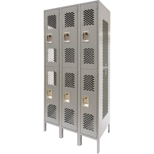 Casiers ventil&eacute;s, 2 niveaux, Bloc de 3, 36" x 18" x 78", Acier, Gris, D&eacute;mont&eacute;, Perfor&eacute; Sécurité Médic