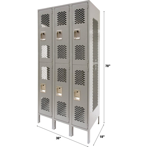 Casiers ventil&eacute;s, 2 niveaux, Bloc de 3, 36" x 18" x 78", Acier, Gris, D&eacute;mont&eacute;, Perfor&eacute; Sécurité Médic