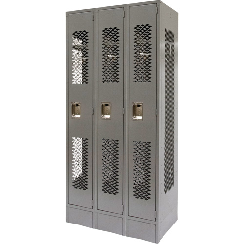 Vented Lockers, Bank of 3, 36" x 18" x 78", Steel, Grey, Knocked Down, Perforated Sécurité Médic