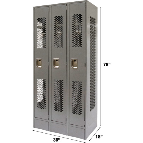 Vented Lockers, Bank of 3, 36" x 18" x 78", Steel, Grey, Knocked Down, Perforated Sécurité Médic