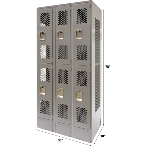 Casiers ventil&eacute;s, 2 niveaux, Bloc de 3, 36" x 18" x 78", Acier, Gris, D&eacute;mont&eacute;, Perfor&eacute; Sécurité Médic