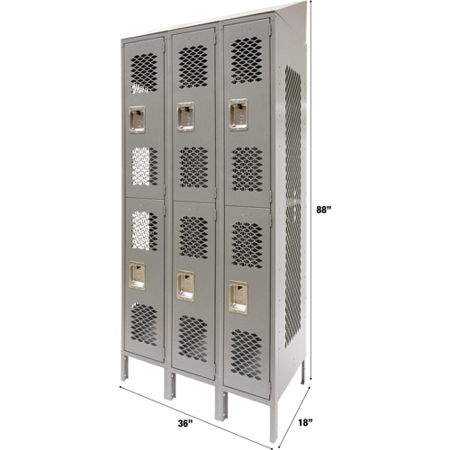 Casiers ventil&eacute;s, 2 niveaux, Bloc de 3, 36" x 18" x 88", Acier, Gris, D&eacute;mont&eacute;, Perfor&eacute; Sécurité Médic