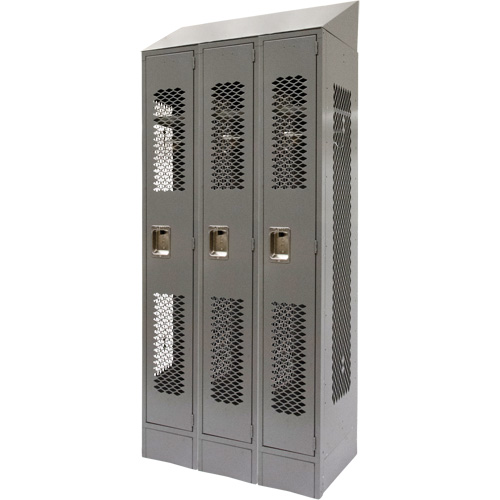 Vented Lockers, Bank of 3, 36" x 18" x 88", Steel, Grey, Knocked Down, Perforated Sécurité Médic