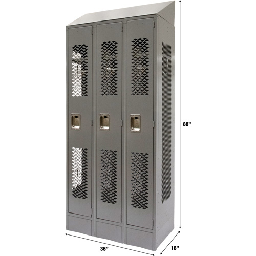 Vented Lockers, Bank of 3, 36" x 18" x 88", Steel, Grey, Knocked Down, Perforated Sécurité Médic