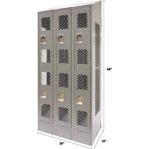 Vented Lockers, 2 -tier, Bank of 3, 36" x 18" x 88", Steel, Grey, Knocked Down, Perforated Sécurité Médic