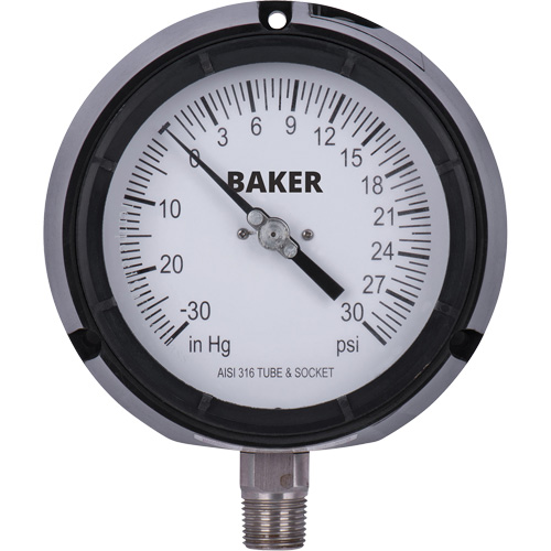 Pressure Gauge, 4-1/2" , 30"-0-30 psi, Bottom Mount, Liquid Filled Analogue Sécurité Médic