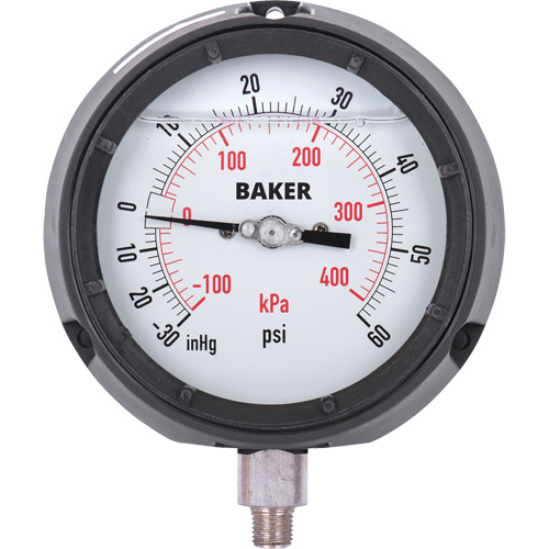 Pressure Gauge, 4-1/2" , 30"-0-60 psi, Bottom Mount, Liquid Filled Analogue Sécurité Médic