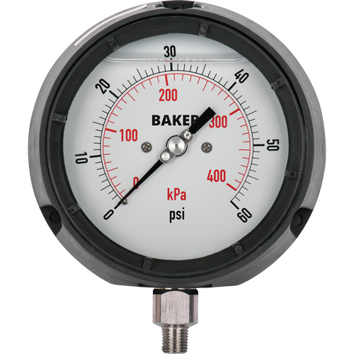 Manom&egrave;tre,  4-1/2", 30" 0 Hg Vac, Fixation inf&eacute;rieure, Analogique rempli de liquide Sécurité Médic
