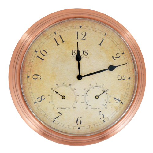3-in-1 Outdoor Clock, Analog, Battery Operated, 14" Dia., Brown Sécurité Médic