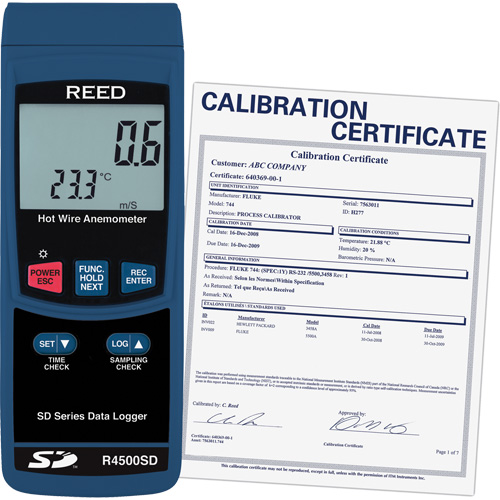 Thermo-an&eacute;mom&egrave;tres &agrave; fil chaud avec enregistrement de donn&eacute;es et certificat de calibration, Enregistrement des donn&eacute;es, Gamme de v&eacute;locit&eacute; d'air de 0,2 - 25 m/sec Sécurité Médic