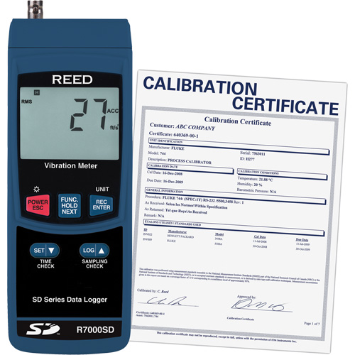 Vibrom&egrave;tre &agrave; enregistrement de donn&eacute;es avec certificat de calibration, 10% - 85% HR, 32°- 122° F ( 0° - 50° C ) Sécurité Médic