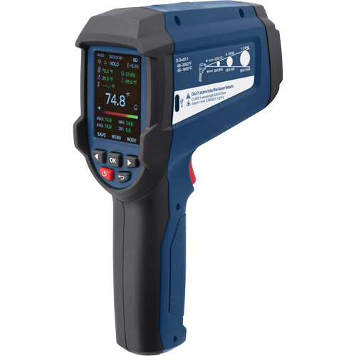 Thermom&egrave;tre infrarouge professionnel avec thermocouple de type K int&eacute;gr&eacute;, -58 - 3362°F (-50 - 1850°C), 55:1, &eacute;missivit&eacute; Ajustable Sécurité Médic