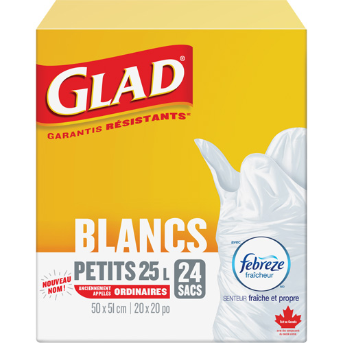 Petits sacs &agrave; ordures 25 L avec Febreze, R&eacute;gulier, 20" la x 20" lo, Blanc Sécurité Médic