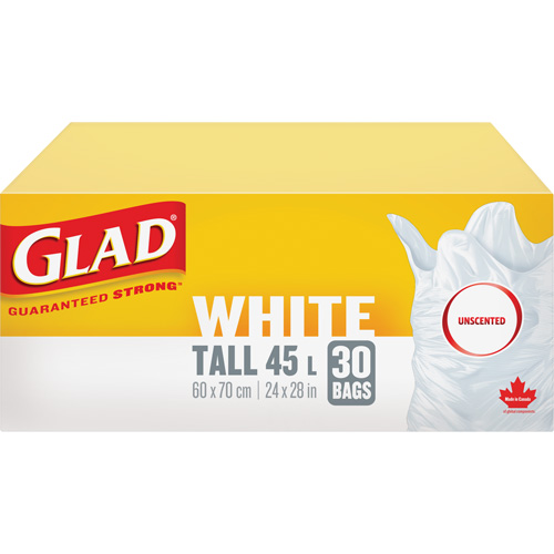 Tall 45L Unscented Garbage Bags, Regular, 24" W x 28" L, White Sécurité Médic
