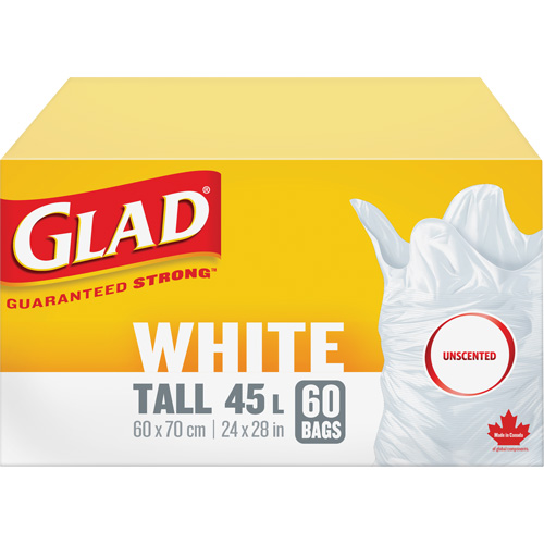 Tall 45L Unscented Garbage Bags, Regular, 24" W x 28" L, White Sécurité Médic