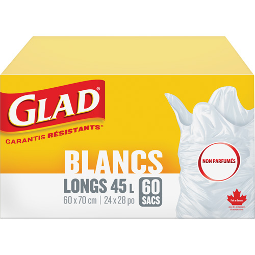 Tall 45L Unscented Garbage Bags, Regular, 24" W x 28" L, White Sécurité Médic
