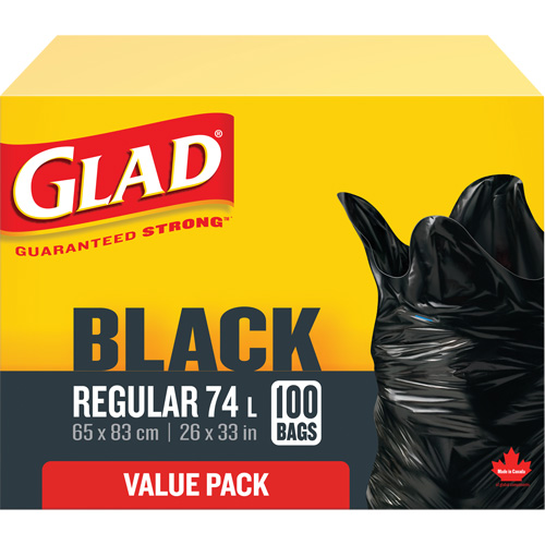 74L Garbage Bags, Regular, 26" W x 33" L, Black Sécurité Médic