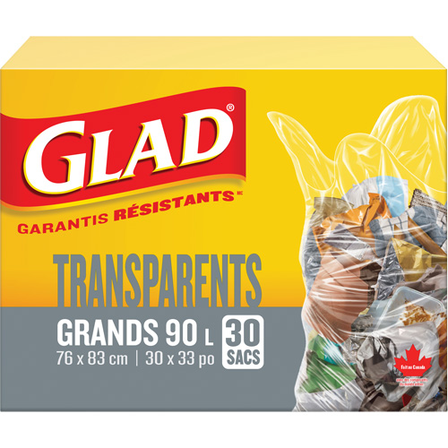 90L Garbage Bags, Regular, 30" W x 33" L, Clear Sécurité Médic