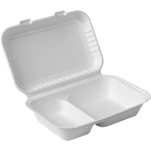 Contenants &agrave; charni&egrave;re pour nourriture compostable avec compartiments, Bagasse, Rectangulaire Sécurité Médic