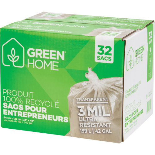 Green Home Garbage Bags, Strong, 33" W x 48" L, 3 mils, Clear, 159 L (42 Gal.) Capacity Sécurité Médic