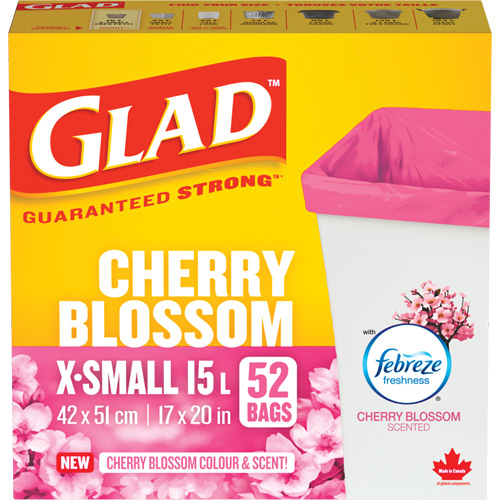 Glad&reg; Cherry Blossom Coloured & Scented Bags, Strong, 17" W x 20" L, Pink, 15 L (3.96 Gal.) Capacity Sécurité Médic