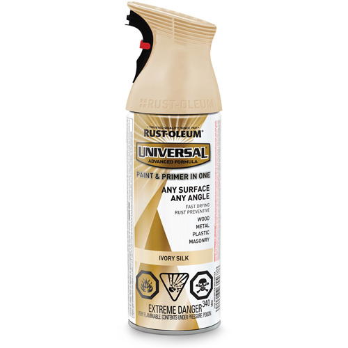 Universal&reg; Enamel Paint & Primer In One, Ivory Silk White, Satin, Aerosol Can Sécurité Médic