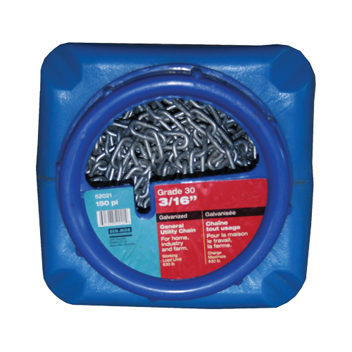 Chaînes galvanis&eacute;es par immersion &agrave; chaud, Acier au carbone, 3/16" x 150' (45,7 m) l, Calibre 30, Charge d'utilisation 630 lb (0,315 tonnes) Sécurité Médic