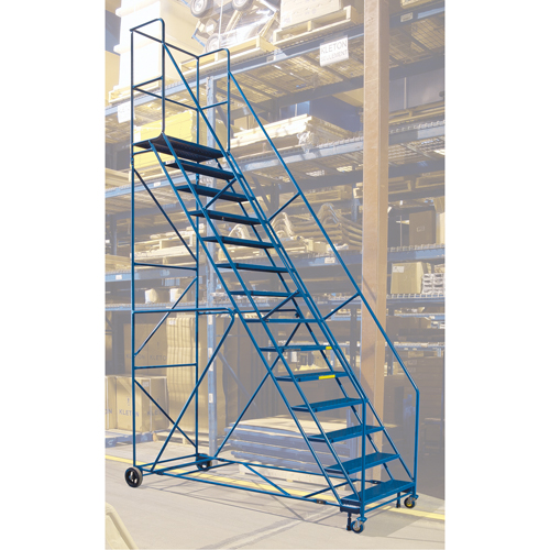 CSA-Certified Rolling Step Ladder with Locking Step, 14 Steps, 30" Step Width, 128" Platform Height, Steel Sécurité Médic
