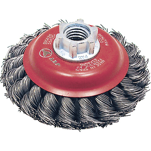 BK420T Knot Twisted Conical Brush, 4" Dia., 0.02" Fill, 5/8"-11 Arbor, Steel Sécurité Médic