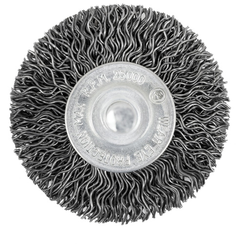 Brosse radiale &agrave; fils cr&ecirc;p&eacute;s mont&eacute; sur mandrin 105-2, 2", Fils ,02" Sécurité Médic