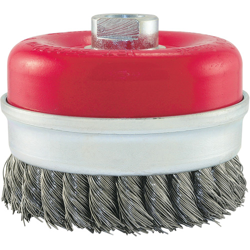 Brosse boisseau &agrave; fils li&eacute;s et nou&eacute;s, 4" dia. x 5/8"-11 arbre Sécurité Médic