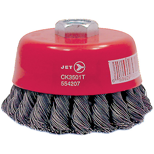 Brosse boisseau &agrave; fils nou&eacute;s torsad&eacute;s haute performance CK3501T, Dia. 3-1/2", Fils 0,02", Arbre 5/8"-11, Acier Sécurité Médic