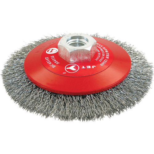 High-Performance Bevel Crimped Conical Brush, 4-1/2" Dia., 0.014" Fill, 5/8"-11 Arbor, Steel Sécurité Médic