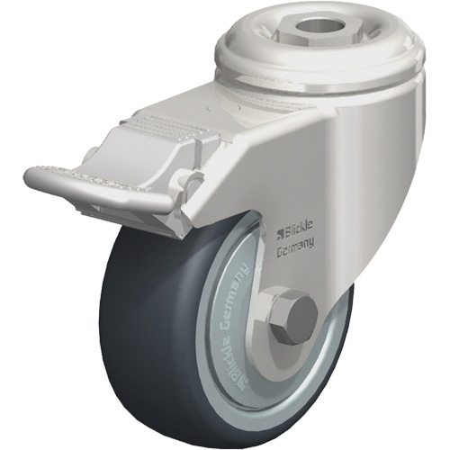 Roulette en &eacute;lastom&egrave;re thermoplastique acier inoxydable, Pivotant avec frein, Diam&egrave;tre 3-1/8" (79,5 mm), Capacit&eacute; 220 lb (100 kg) Sécurité Médic