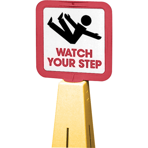 "Watch Your Step" Traffic Cone Message Label, Adhesive, English with Pictogram Sécurité Médic
