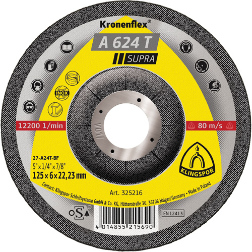 Disque de meulage A 624 T Supra Kronenflex, 5" x 1/4", Arbre 7/8" Sécurité Médic